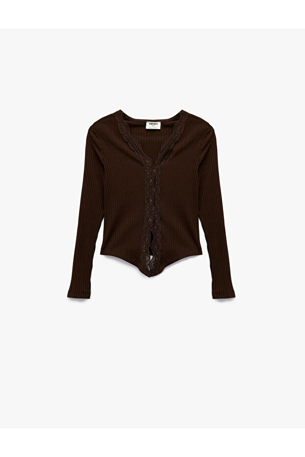 Cotton V-Neck Lace Detailed Long Sleeve T-Shirt