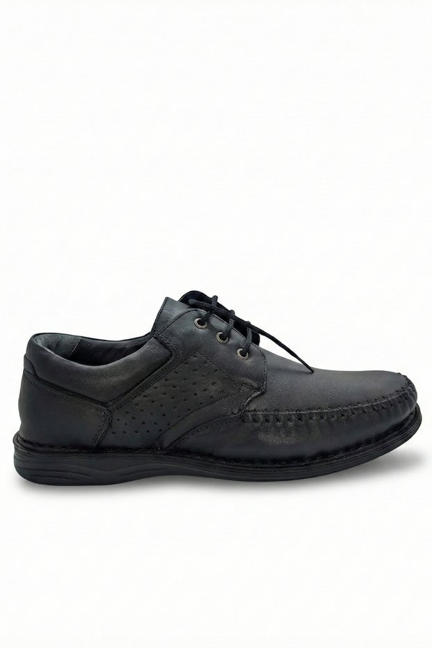 Men's Black Lace-Up Casual Shoes Genuine Leather Stitched Comfortable Sole Breathable