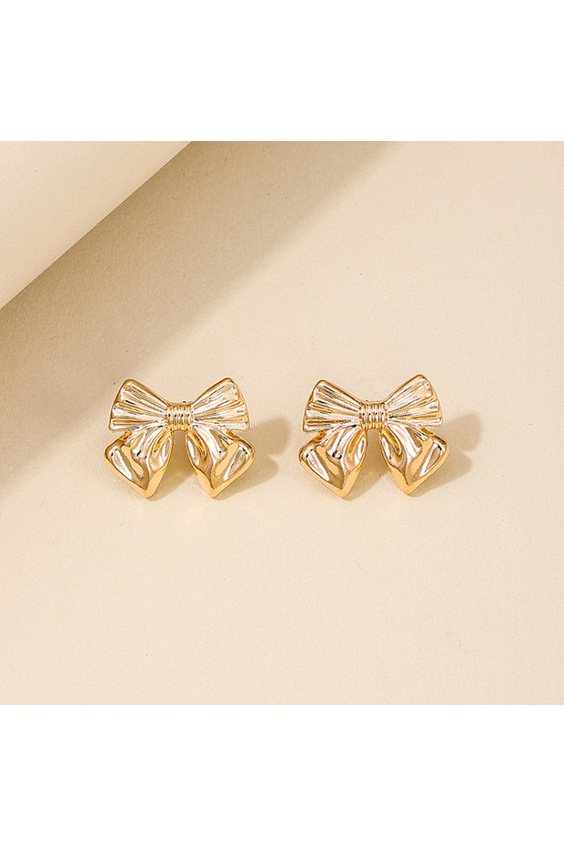 gold color 1 Pair Ribbon Bow Stud Earrings for Women Girls18K Gold Plated Cute Statement Piercing Je