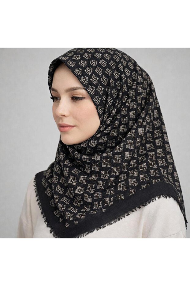 وشاح قطني مطبوع - أسود / كراميل-06289-04