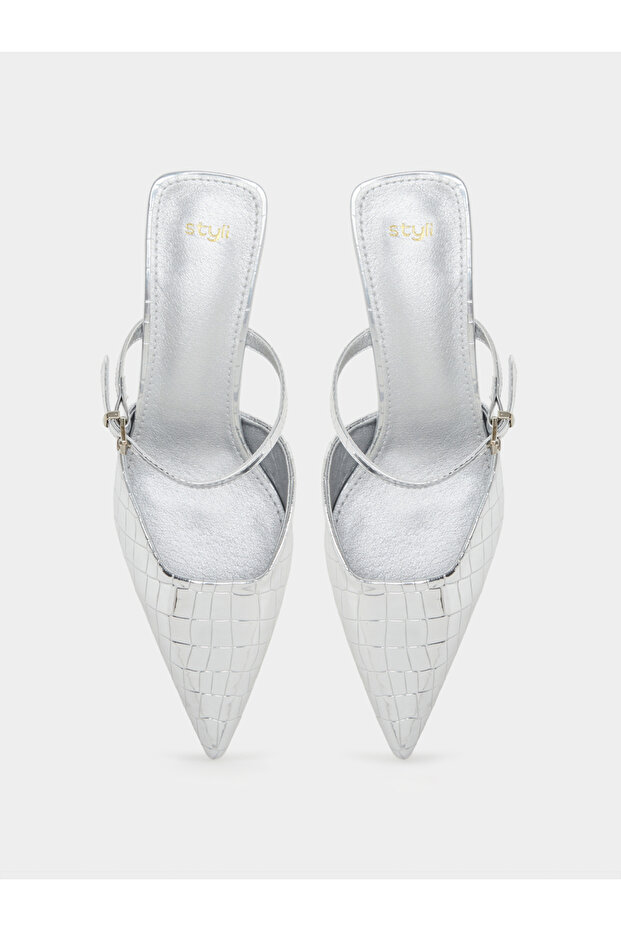 Silver Embossed Pointed Toe Mules - 5