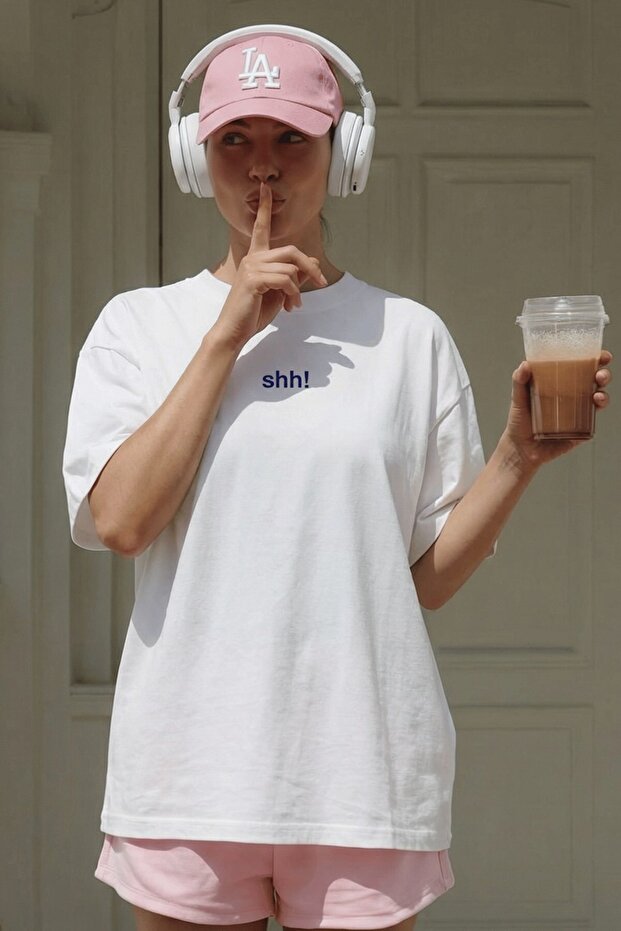 Women's Oversize T-Shirt Shh! Printed White – Crew Neck, Comfortable Fit, 100% Cotton
