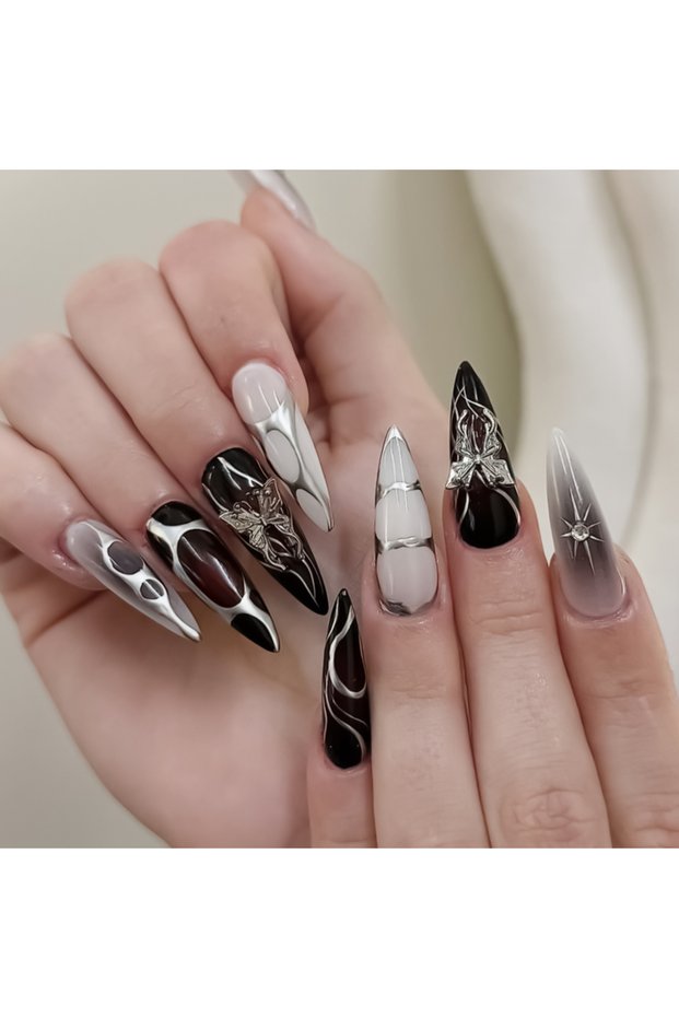 24pcs F 24PCS Long Press On NailsStiletto Black Silver Bowknot Dissymmetry Fake Nails Powder Full Co
