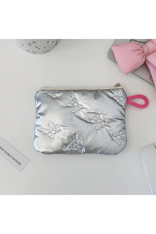 Silver Bow Silver Lingge Bow Pattern Coin Purses Small Canvas Coin Wallet Lady Girls Earphone Coin K