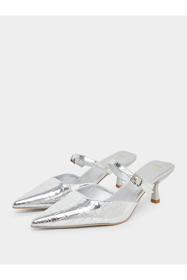 Silver Embossed Pointed Toe Mules - 2