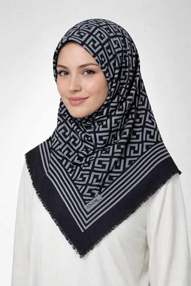 وشاح قطني مطبوع - أسود / أبيض-6291-05