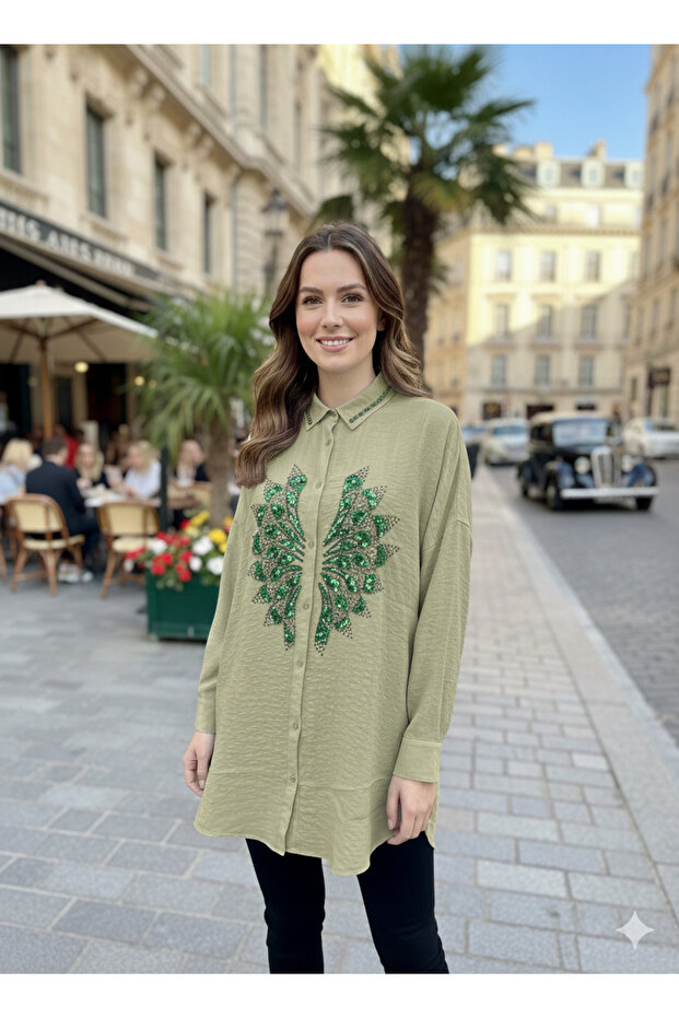 Stone Detailed Viscose Shirt Tunic – Elegance and Comfort Combined