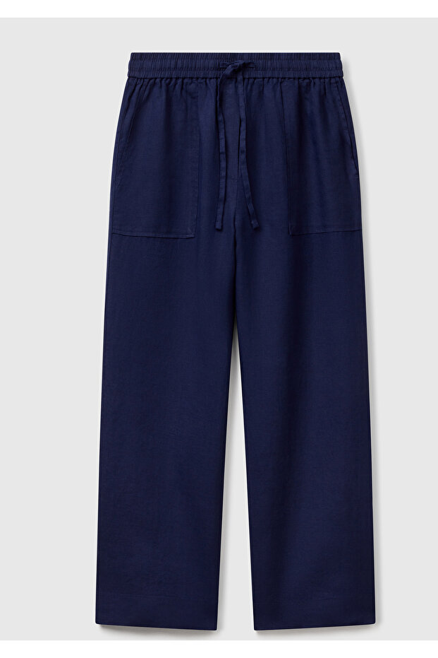 Women's navy blue 100% linen drawstring pocketed cigarette pants