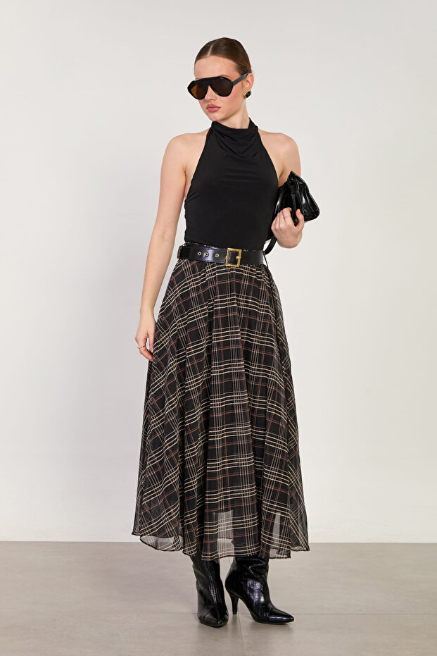 Women's Plaid Belted Chiffon Skirt - Black