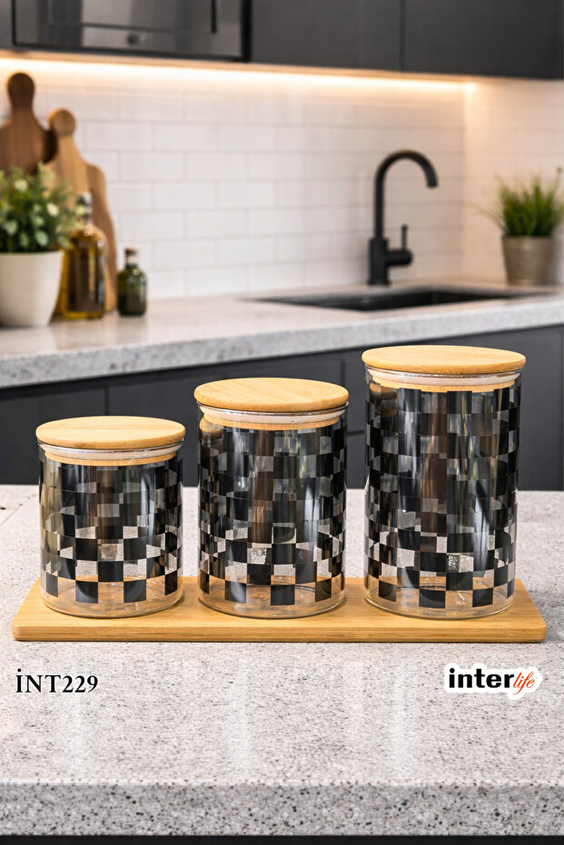 Black Checkerboard Patterned Kitchen Organizer with Stand - Glass Food Storage Container Set