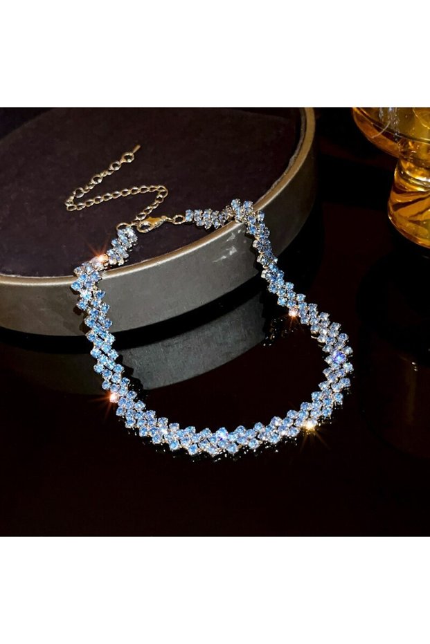 blue Luxury Shiny Full Rhinestone Choker Necklace for Women Personality Geometric Crystal Necklaces