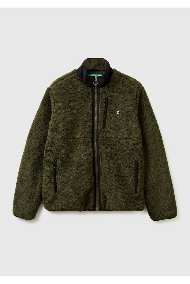 Men's khaki fleece jacket with embroidered logo on the front, pocket detail, and stand collar