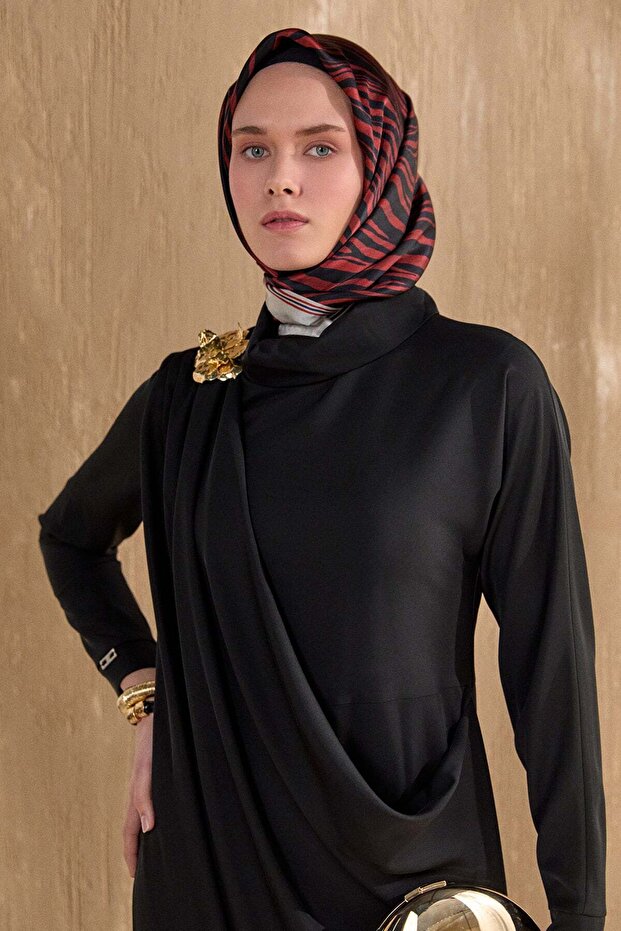 Asimetrik Drapeli Krep Elbise - 4