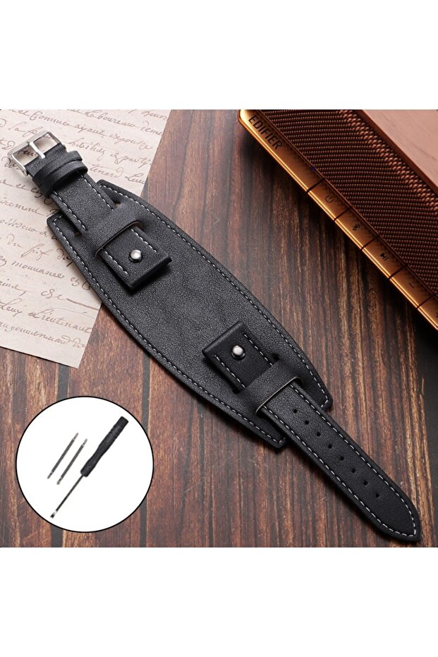 20mm Black Leather Watchband 20mm 22mm 24mm Strap With Mat Bund Strap Retro Style Design Black Brown