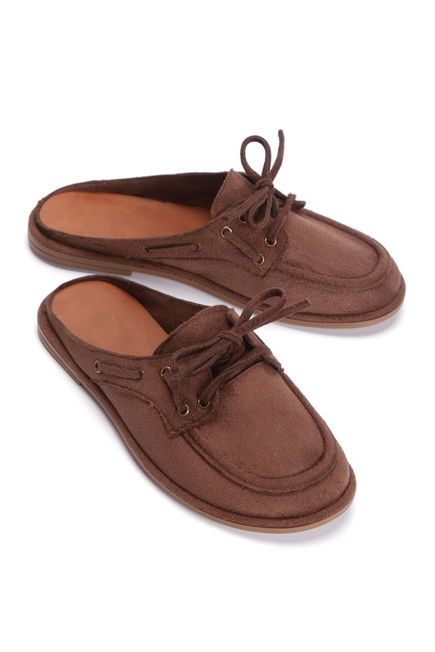 Women's Suede Lace Detailed Casual Slippers 6345 Brown Suede