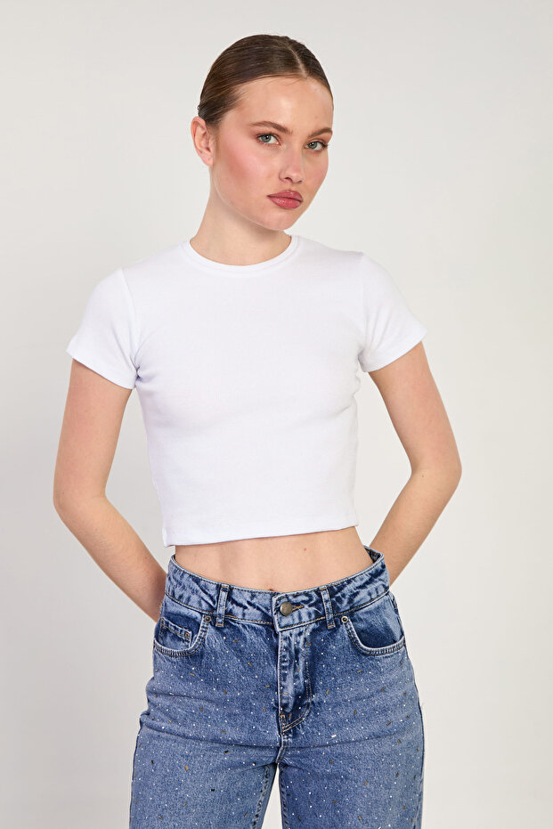 Women's Crew Neck Ribbed Bodysuit - White