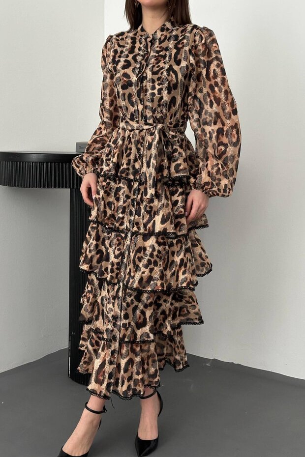 Rochie lungă cu volane și dungi leopard - 3