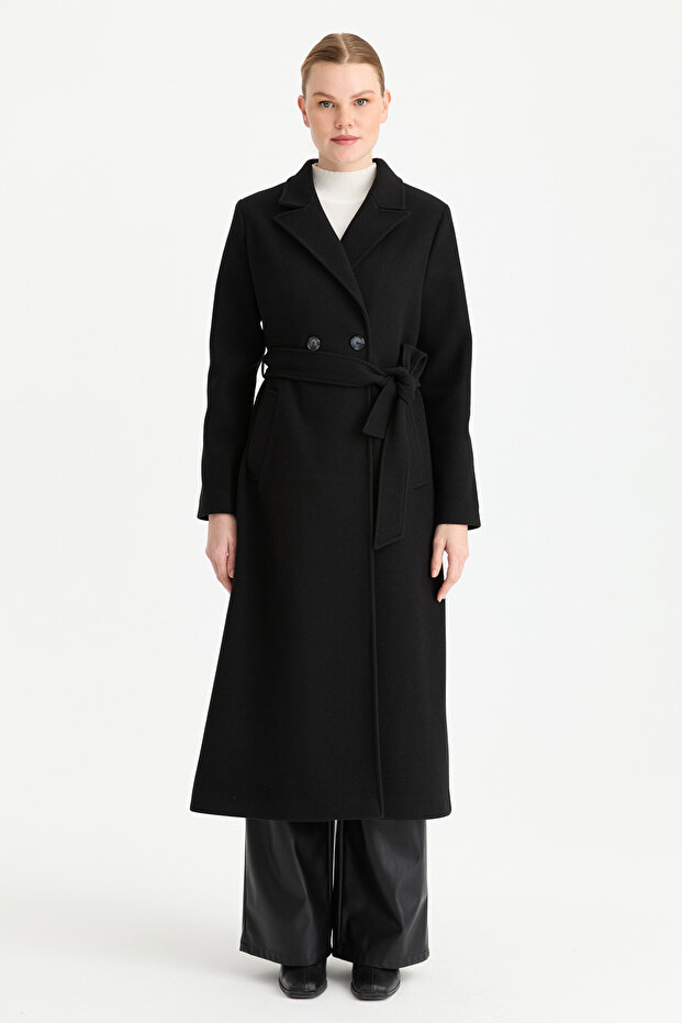 Çift Düğmeli Manto Siyah - 1