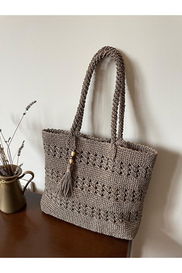 Handmade Paper Rope Knitted Bag, Daily Use Shoulder Bag with Strap, Lined, Pocketed, Snap Fasteners, Gift Bag