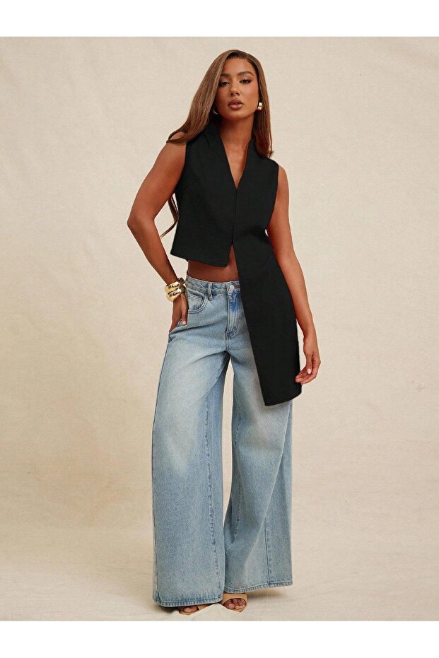 Women's Black One-Sided Long Design Vest - Asymmetrical Cut Stylish Blouse