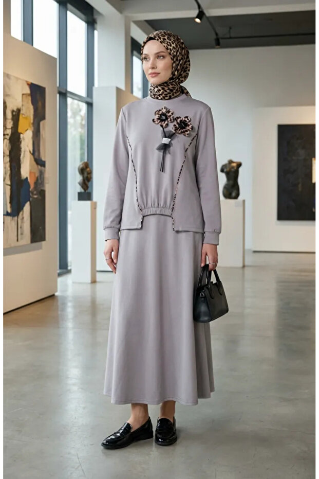 Floral Detailed Elastic Waist Double Suit 0245-04 Gray