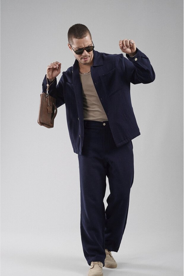 Regular Fit Muslin Fabric Men’s Shirt and Trousers Two-Piece Set