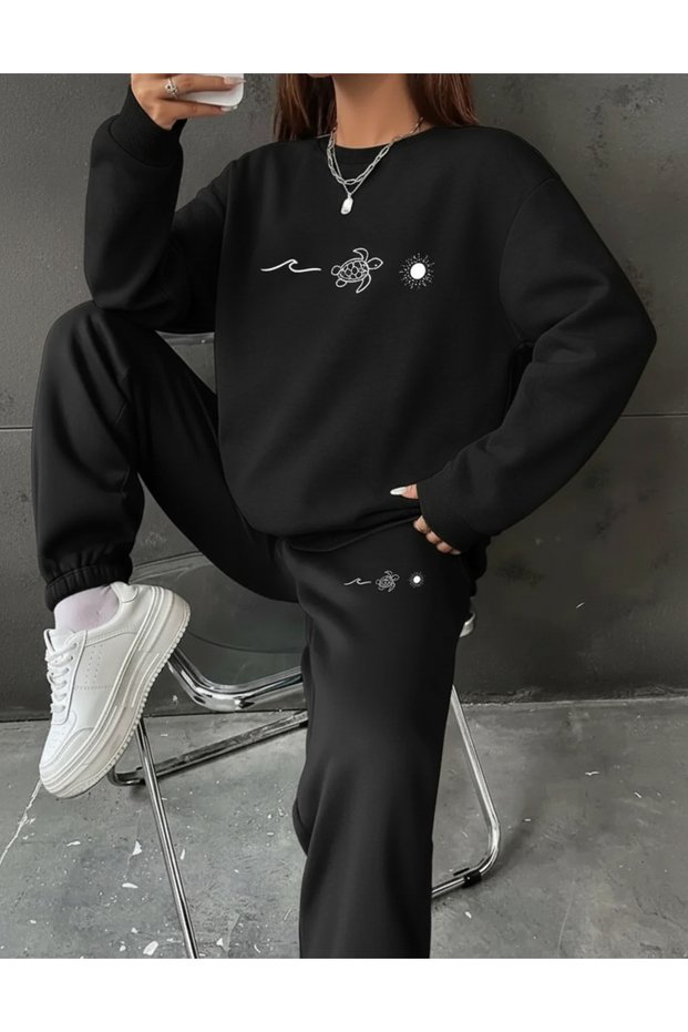 Black Women's 100% Cotton 2 Thread Tracksuit Set with Minimal Turtle Pattern