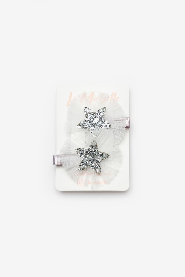 Silver Tulle Detailed Star Figured 2-Piece Girls' Clip Buckle