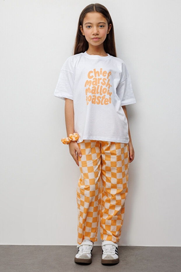 Orange Motto Printed Checkered Patterned Children's T-Shirt and Pants Set - Lucia