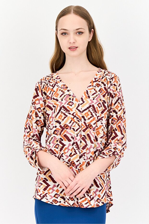 Women V-Neck Long Sleeves Allover Print Top, Multicolor