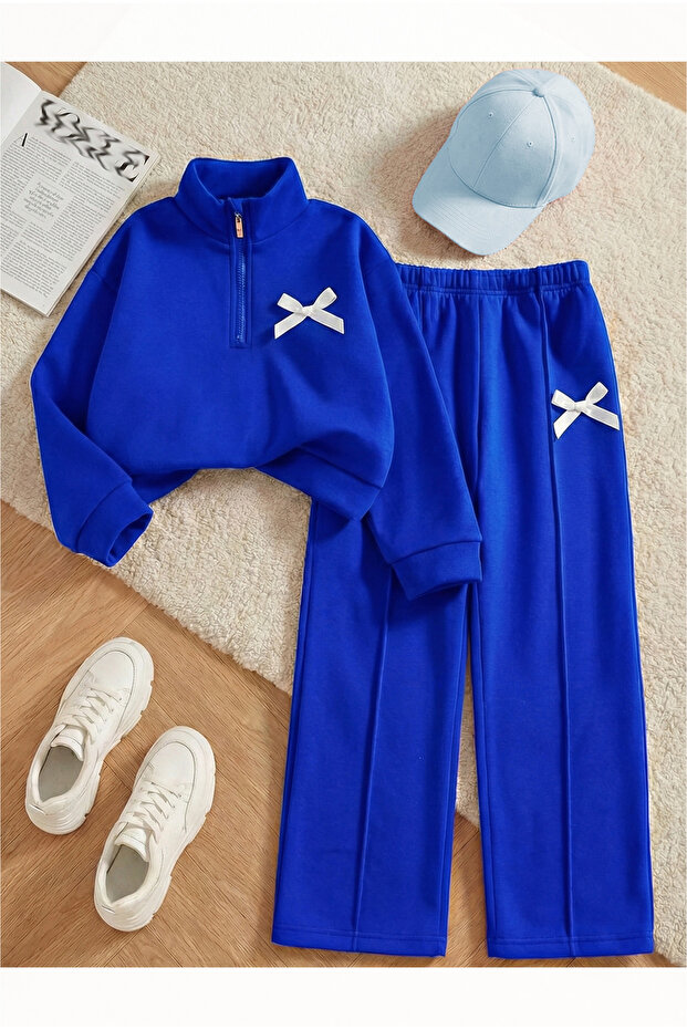 Children's New Bow Printed 100% Cotton Long Sleeve Half Zipper Sweatshirt-Sweatpants (3-12 Years)