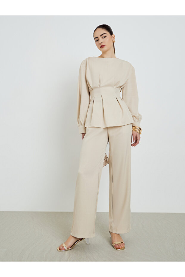 Beige Pleated Long Sleeve Top wnd Wide Leg Pants Co-Ords