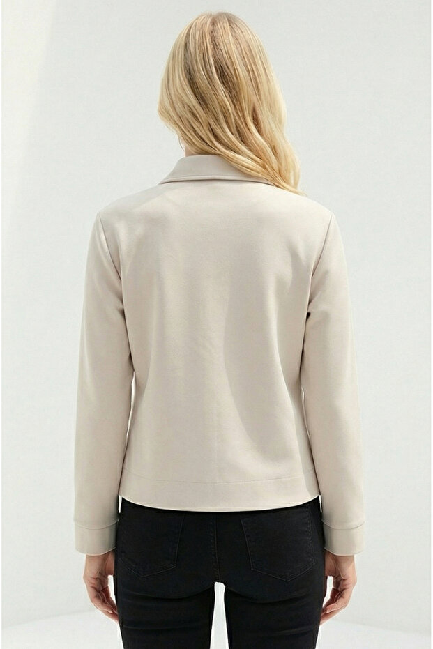 Fermuarlı Ekru Örme Sweatshirt - 6