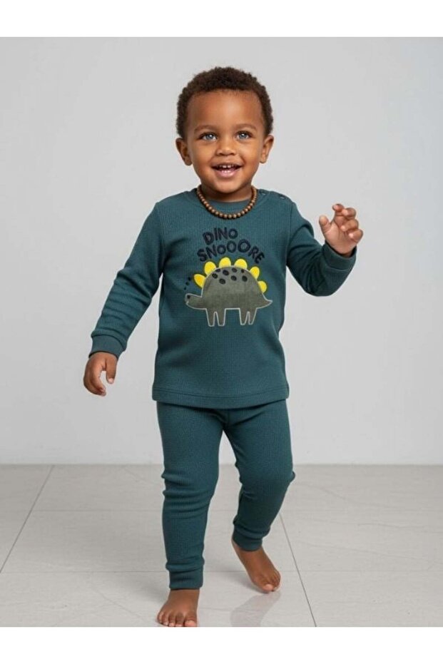 Baby Boy Cotton Textured Fabric Dinosaur Tracksuit Set