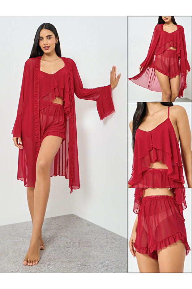 Pack of 3 - Ruffle Hem Detail Mesh Camisole, Shorts and Robe Set