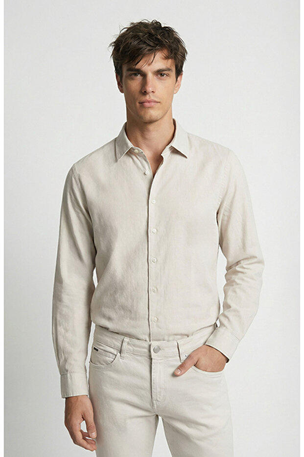 Bej Keten Karışımlı Gömlek - 1