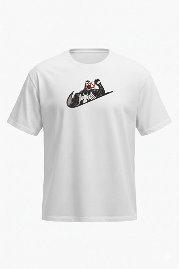 Venom T-Shirt - White Printed Oversize Crew Neck Short Sleeve Loose Fit