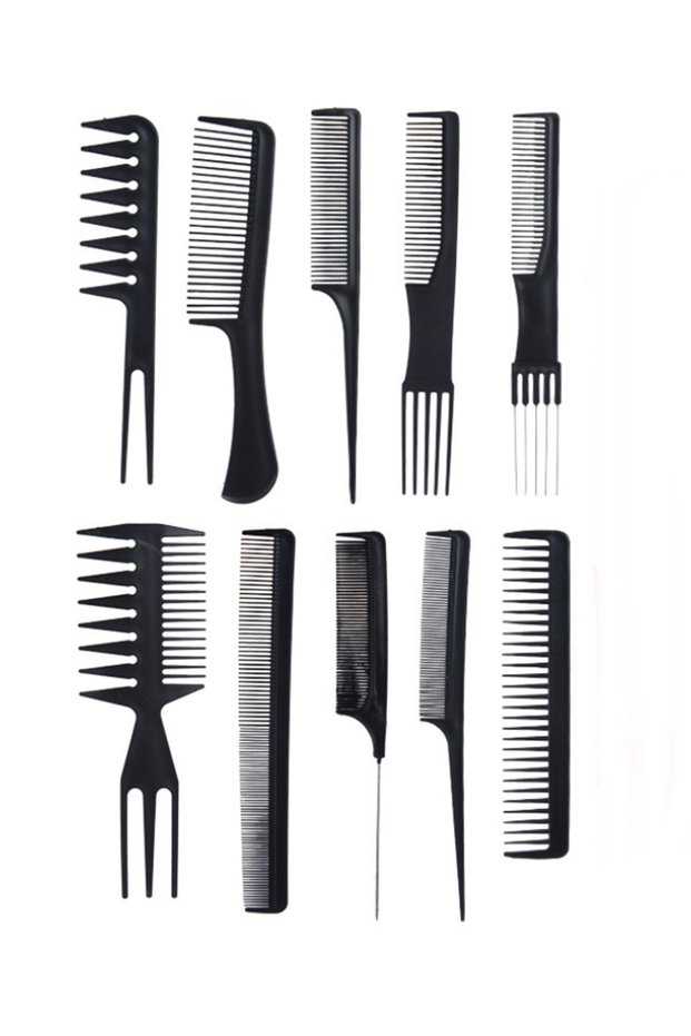 Professional 10-Piece Hair Styling and Cutting Comb Set - Hairdresser and Barber Type Black Grooming Set