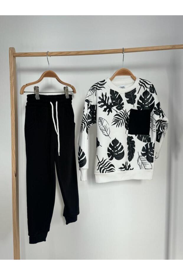 Leaf Patterned Black Winter Set - 3