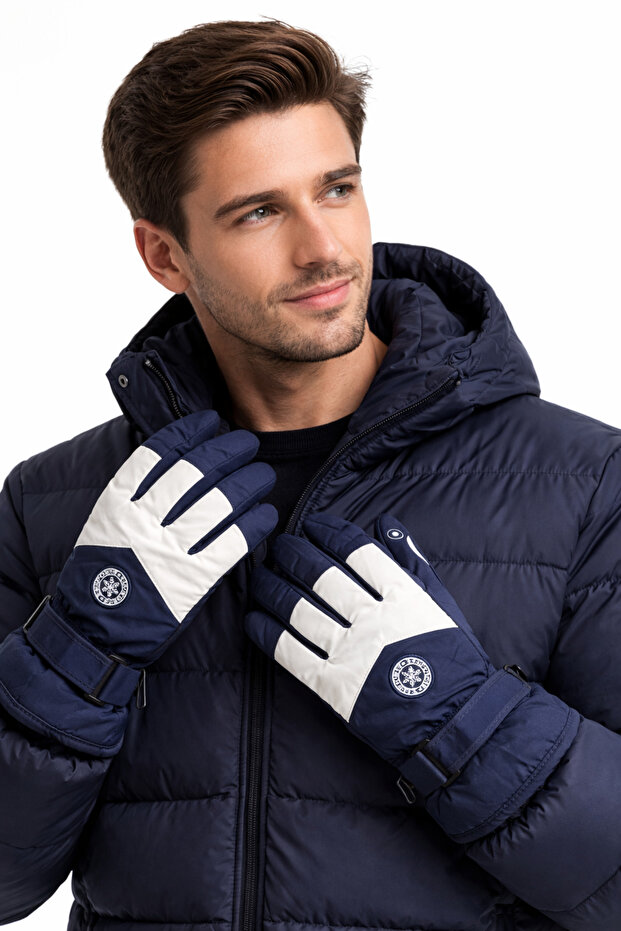 Men's Outdoor Snow Gloves Waterproof Thermal Winter Touchscreen Compatible Wrist Adjustable Navy Blue-White