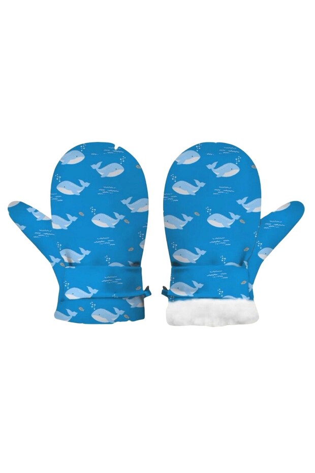 Whale Patterned Blue Puffy Warm Soft Gloves