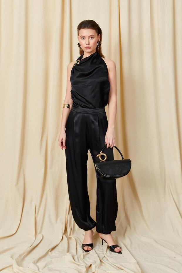 Women's Black 9087 Collar Tie Gold Buckle Satin Suit with Shalwar Pants