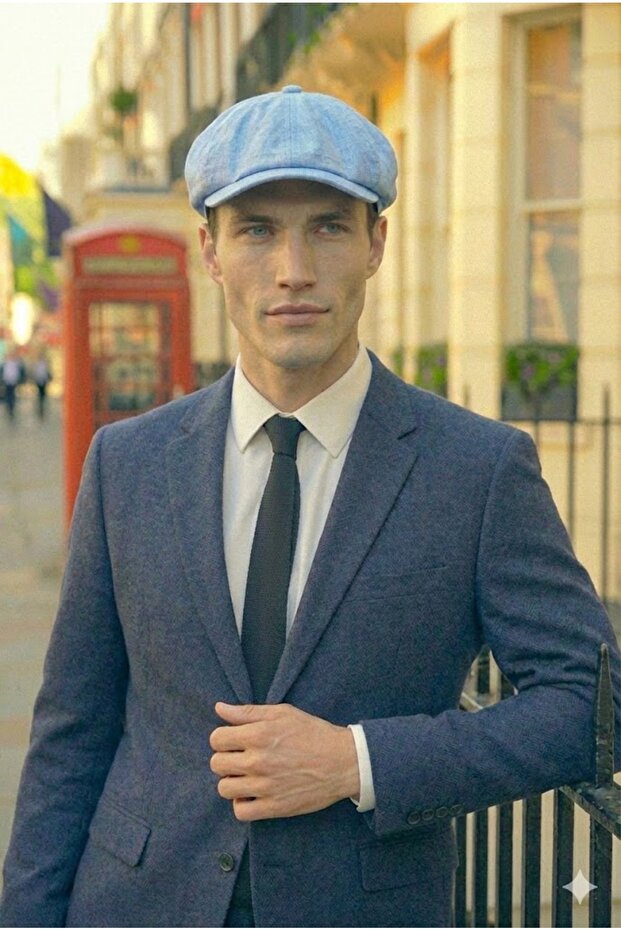 Men's Baby Blue Summer Linen Hat British Modern Peaky Blinders Style