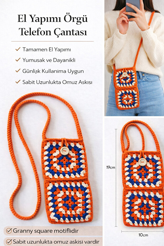 Orange and White Hand Knitted Motif Phone Bag