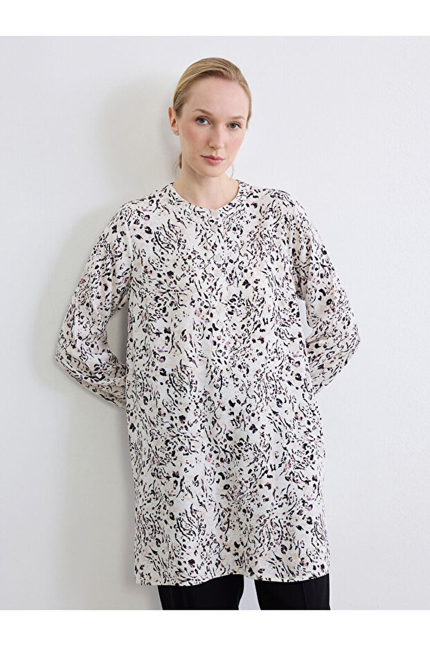 Ecru Hakim Collar Patterned Balloon Sleeve Women's Tunic