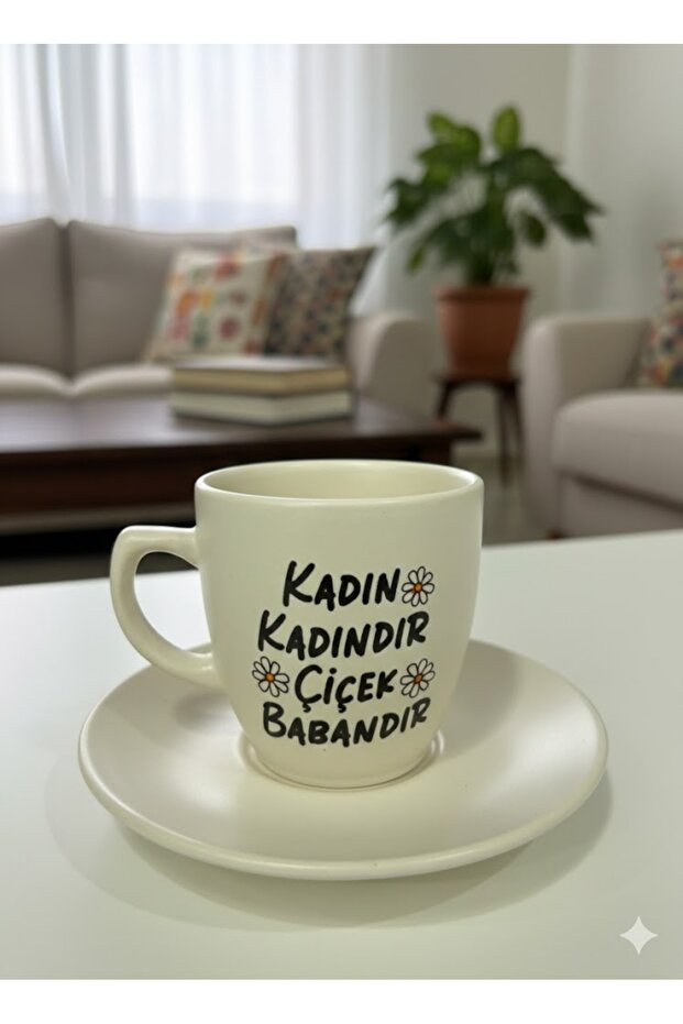 Women Are Women, Flowers Are Dads, Cream Turkish Coffee Cup - Gift Ceramic Turkish Coffee Cup