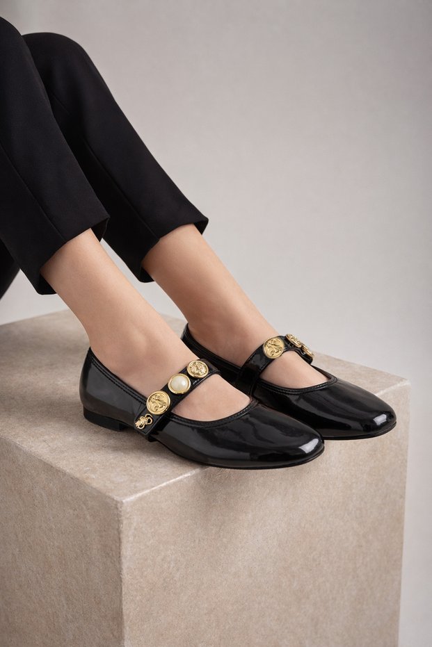 Black Patent Leather Mary Jane Ballet Flats - Women's Daily Stylish Ballet Flats with Gold Buckle and Pearl Detail