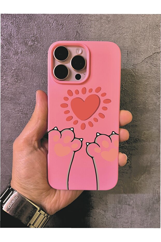 iPhone 16 Pro Max Compatible Cute Paw and Heart Patterned Pink Case
