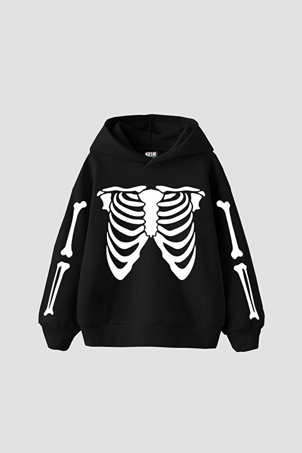 Ribcage Skeleton Printed Oversize Unisex Black Hoodie