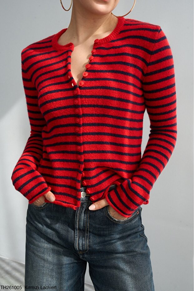 Women's Crew Neck Buttoned Thin Striped Knitwear Cardigan